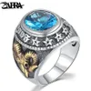 ZABRA 925 Argent Bleu Zircon Hommes Bague Vintage Pierre Punk Rock Or Tête de Mouton Thai À La Main Femmes Anneaux Bijoux En Argent Sterling 203113