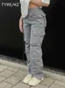 Pantaloni da donna Capris Pantaloni cargo vintage Jeans larghi Moda donna anni '90 Streetwear Tasche Gamba larga Vita alta Pantaloni denim Y2k dritti Tuta J231211