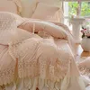 Sängkläder sätter romantiska franska vintage spetsar ruffles rosa prinsessan set sammet fleece täcke täcke platt/monterade lakan kuddar