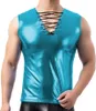 Homens camisetas Vinil Metálico V-pescoço Lace-up Mens Tank Tops Party Show Club Sem Mangas Slim T-shirt Masculino Brilhante Fitness Sports Vest Blusa