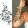 임시 문신 검은 꽃 스티커 팔 슬리브 로즈 달 나비 뱀 헤나 몸은 현실적인 가짜 3D 여성 토템 231208