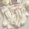 Women Socks 5 Pairs of Cute Haruku Lolita White Women's Set Spring and Summer Lace Cotton Pink Style with Ruffles