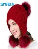 Beanieskull Caps Women hoeden herfst winter wol beanies hoed drie haarbal terug open gebreide dubbele dikke bont beanie cap9738693
