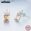 Stud WOSTU Real 925 Sterling Silver Women Pineapple Earrings Rectangle Champagne Crystal Stud Earring Wedding Jewelry Girl Party Gift YQ231211