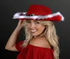 Chapeau de cow-girl rouge Chapeau de cowboy LED bord de plume éclairé avec couronne de diadème Halloween Costume de vache de Noël Chapeaux de fête amusants3906798