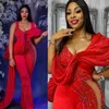 Eleganta röda aftonklänningar applicerade spetspärlor jumpsuit prom klänning illusion födelsedagsfest klänningar formell andra mottagningsklubb graducation gala klänning am135
