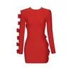 Casual Dresses Red Hollow Bow Bandage Dress Women 2023 Sexig långärmad O Neck jul kväll mini mode bodycon outfits bd2460