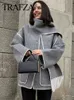 Women's Wool Blends TRAFZA Women Fashion Woolen Coat Patchwork Tassel Coats With Scarf Long Sleeve Pocket Single Breasted Jacket Winter Outerwear 231211