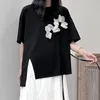 Kvinnors T-skjortor Summer Short Sleeve Casual Black Color T-shirt Loose 3D White Flower Decor Top