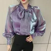 Women's Blouses Flowing Light Colorful Mesh Ribbon Gentle Women Shirt Spring Autumn Design Sense Pearly-lustre Long Sleeved Chiffon Top