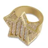 Hommes Iced Out 3D Gold Super Star Anneaux Micro Pave Zircone Cubique Plaqué Or 14K Diamants Simulés Bague Hip hop avec boîte-cadeau314o
