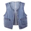 Tanks de femmes Printemps Vintage Court Denim Gilet Femmes Automne Coréen O-Cou Slim Jeans Gilet Poche Sans Manches Veste Dames Tops W152