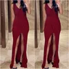 Party Dresses Burgundy Long Prom Spandex V Neck Mermaid Evening Gown Front Split Beaded Bodice Ruched Elastic Woman Bridesmaid Dress