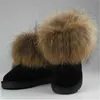 Moda mais quente 100% couro + pele de guaxinim bota mulher botas de neve inverno couro pele de raposa botas de neve