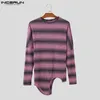 Men's T Shirts Fashion Well Fitting Tops INCERUN Men Horizontal Stripe Contrast Irregular Hem T-shirts O-Neck Knitted Long Sleeve T-shirt