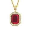 Hip Hop Bling Out Cubic Zirconia Red Stone Square Pendant Necklaces for Men Jewelry With 30inches Gold Chain2063478
