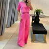 Women's Two Piece Pants 2 Pcs/Set Chic Lady Top Trousers Suit Wide Leg Women T-shirt Set Straight Short Dress-up