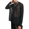 Men's T Shirts Summer Black O-neck Mesh See-through Long-sleeved T-shirt Loose Casual High Street Tops T-shirts Male Clothes