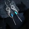 Pendientes colgantes de circonita para mujer, aretes de Color azul y verde, Metal hueco hecho a mano, Retro, joyería de moda 2023