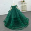 Mädchenkleider Wunderschönes smaragdgrünes Ballkleid Prinzessin Blumenkleid Hochzeit Korsettrücken Lange Ärmel Erstkommunion für Kinder