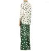 Damesbroek Lemongor Koreaanse Mode Polka-Dot Elasticiteit Taille Wijde Pijpen 2023 Lente Zomer Casual Groene Broek Voor Vrouwen