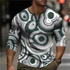 Men's T Shirts Vintage 3D Patchwork Print Casual Long Sleeve Henley Shirt Oversized Tops Autumn Streetwear Male Tshirts Pullover