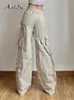 Women's Pants Capris Y2K Beige Baggy Wide Leg Sweatpants Drawstring Low Waist Cargo Trousers Casual Straight Pants Solid Korean Fashion Autumn 231211