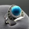 13X15MM Vintage 6mm Blue Turquoises Marcasite 925 Sterling Silver Ring size 7 8 9272V