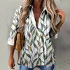 Damesblouses Dames Print Reversoverhemd Lange mouw V-hals Katoen Linnen Overhemden Knoop Ademend Street Top Blouse Officiële winkel