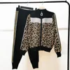 Women's Two Piece Pants Color Matching Zipper Cardigan Leopard Knitted Suit Fashion Women's Versatile Top 2-piece Ins