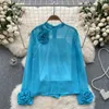 Women's Blouses French Chic 3D Flowers O-neck Long Puff Sleeve Female Chiffon Blouse Spaghetti Strap Sweet Tank Top For Women Drop