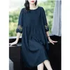 Casual Dresses O-neck Embroidered Ladies 3/4 Sleeve Spring Summer Thin Solid Color Vintage Fashion Loose Women's Clothing 2023