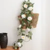4Pc 200cm Artificial Camellia Flower Rattan with Ears of Wheat Rose Leaf Fake Flower Wall Hanging Decor Wedding Home Plant Vines