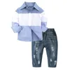 Clothing Sets Toddler Boys Spring Casual Outfit Long Sleeve Collar Shirt Jeans Suit Solid Colour Ripped Dress And Pants