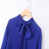 Blouses Femmes Solide Noué Bow Blouse Femme Mode Col Haut Manches Longues Chemises Lâches Pour Femmes Automne Bleu À Lacets V-Cou