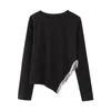 Koszulki damskie Womans Black T-shirt 2023 Autumn Long Rleeve Tops żeńskie miękkie pulloje o nokrecie kobiety eleganckie asymetryczne rąbek estetyczny