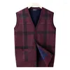 Men's Vests 2024 Men Autumn Winter Fashion Sweater Cardigan Vest Male Warm V-neck Knitted Waistcoat Plaid Sleeveless Jackets D665