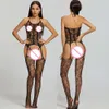 Tute erotiche sexy da donna a rete Catsuit trasparenti con apertura sul cavallo vestiti trasparenti attraverso il corpo calze a rete intimo da donna sexy