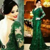 Vestido de noite verde de renda Mãe de vestidos de noiva Mãe de manga longa Veja através de vestidos de convidados de miçangas traseiros ES