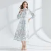 Floral Party Blue Boho Maxi Dress Long Sleeve Women Designer Lapel Button Front Slim A-Line Vacation Paisley Print Dresses 2024 Spring Fall Runway High Waist Frocks