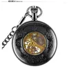 Zakhorloges Pistool Zwart Vergrootglas Zie Hoewel Case Vintage Heren Handopwinding Mechanisch uurwerk Romeins nummer wijzerplaathorloge met ketting