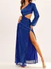 Robes décontractées Robe à paillettes bleues Robe de soirée Sexy Robes Femmes Hors Épaule Creux Slim Fit Split Manches Longues Robe Longue