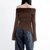 Women's Sweaters Top 2023 Fashion Knitted Diagonal Neck Sweater Flare Sleeve Pullover Lady Off Shoulder