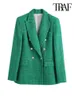 Costumes pour femmes Blazers Traf femmes mode Double boutonnage Tweed vert Blazer manteau Vintage à manches longues rabat poches vêtements de dessus pour femmes Chic Veste 231211