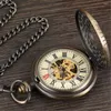 Pocket Watches Retro Hollow Skeleton Steampunk Wood Circle Flower Design Mechanical Watch Roman Numerals Hand Wind Fob Chain Clock