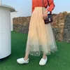 Skirts High Waist Thin Wave Lighted Sequins Mesh Gauze Loose All-match Long Spring Autumn Women Faldas Women's Skirt Jupe Femme