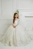 Classy Long Flower Girl Dresses Jewel Neck Full Sleeves with Lace Applique Ball Gown Floor Length Custom Made for Wedding Party