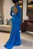 Elegant Long Sleeves Crepe Square Neck Blue Evening Dresses With Buttons Mermaid Middle East Sweep Train Prom Dress Party Dresses for Women