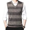 Men's Vests Fashion V-Neck Spliced Striped Vest Sweaters Clothing 2023 Autumn Winter Loose Knitted Casual Pullovers All-match Tops