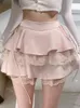 Rokken Kawaii Witte Ruche Minirok Vrouwen Zomer Hoge Taille Bandage Fairycore Kant Dubbellaags Koreaanse Mode Leuke Sexy